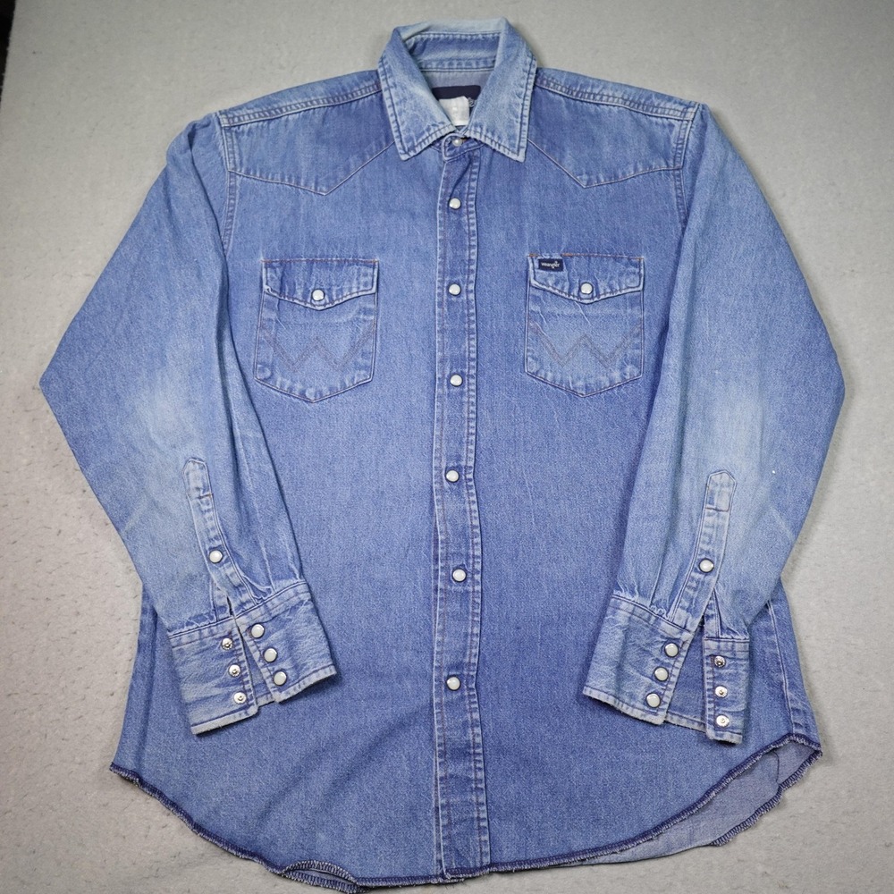 Vintage Wrangler Shirt Mens Large Denim Western cowboy Pearl Snap Pointed Yoke